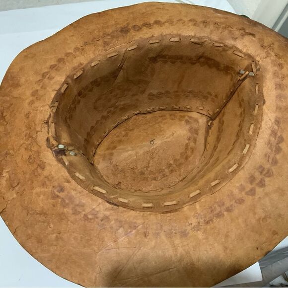 HAND-CRAFTED/TOOLED Cowhide Leather Cowboy/Trail/Riding Hat Horse Head Sz 9 - Picture 5 of 7